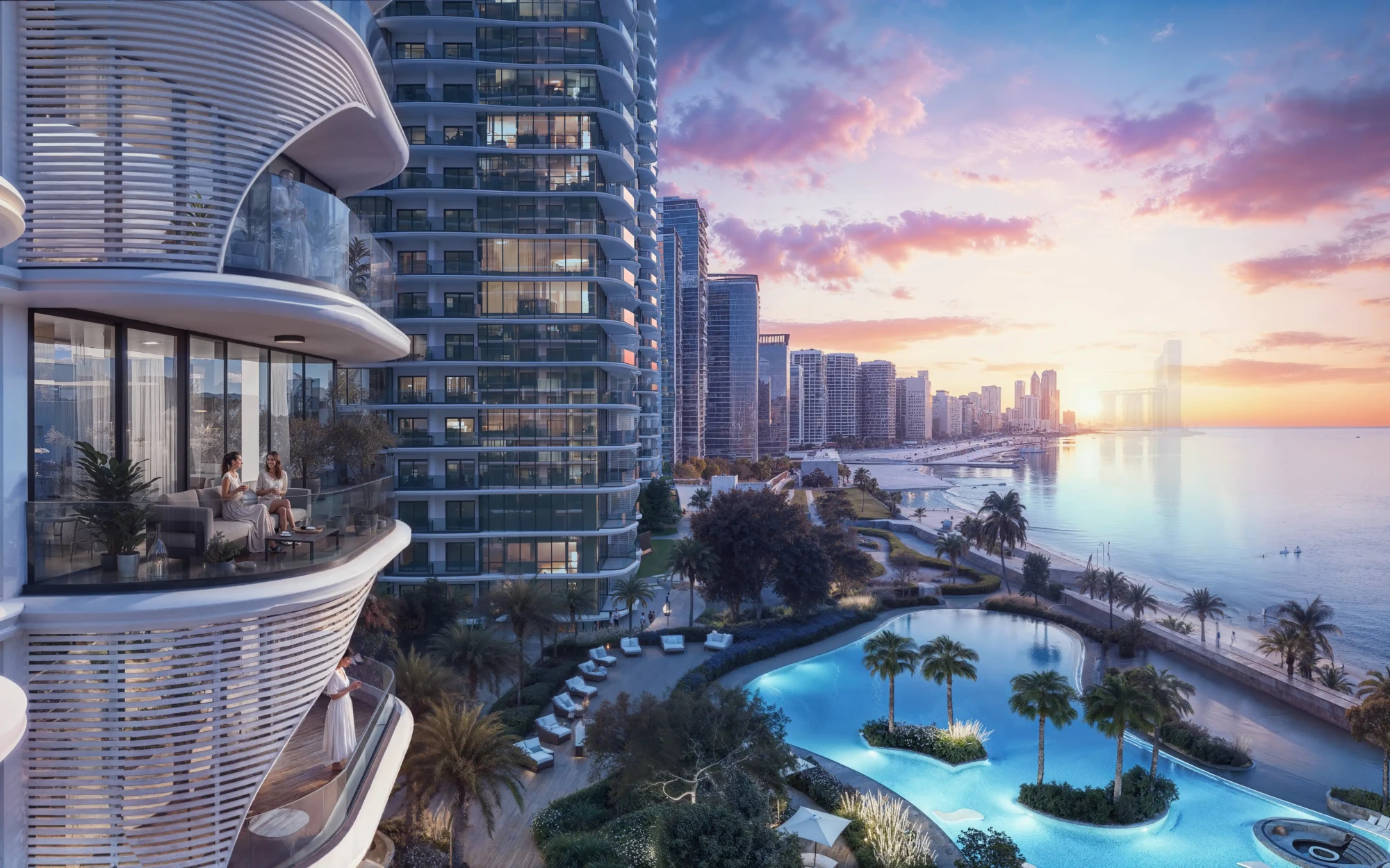 UAQ_Downtown_A44_RS_Balcony View Sunset 2